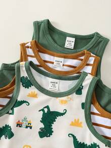 SHEIN Bộ 3 món đồ chơi trẻ em unisex cho bé trai/bé gái, áo ba lỗ và quần short in hình khủng long dễ thương, quần áo mùa hè cho bé trai. - Màu xanh lá cây đậm - Xem 5