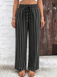 SHEIN VCAY Quần dài nữ cỡ lớn kiểu dáng thường ngày, họa tiết hoa và sọc retro, thích hợp cho mùa xuân và hè, màu đen. - màu đen - Xem 4