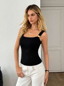 SHEIN Áo tank top nữ màu trơn, trang trí kim loại, dáng ôm, phong cách thường ngày. - màu đen - Xem 3
