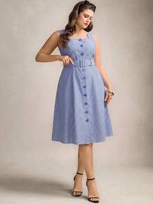 Zelara Vestido midi sin mangas con cuello cuadrado, estampado de rayas y cinturón para tallas grandes - Azul y blanco - Ver 4