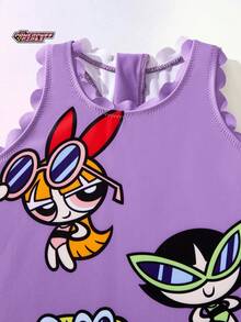 THE POWERPUFF GIRLS X SHEIN Maija Kids Bộ áo liền quần không tay họa tiết hoạt hình dành cho bé gái, viền vỏ sò, thích hợp cho mùa xuân/hè. - Màu tím - Xem 4