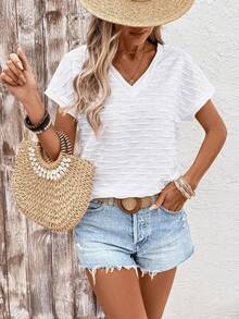 Zayélia Vacation Casual Versatile Solid Color Texture Short Sleeve T-Shirt - White - View 6