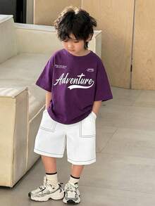 2pcs/Set Young Boys Summer Casual Korean Style Personalized Letter Print Short Sleeve T-Shirt And Pocket Shorts Set,Comfortable Daily Wear Outfits - Purple - View 4