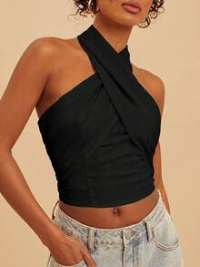 Travachic Women's Solid Color Woven Halter Neck Camisole, Spring/Summer,Summer Top - Black - View 6