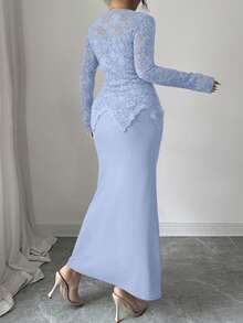 Modelyn Square Neck Lace Patchwork Button Waist Fitted Plus Size Dress For Women Fall - Blue - View 2