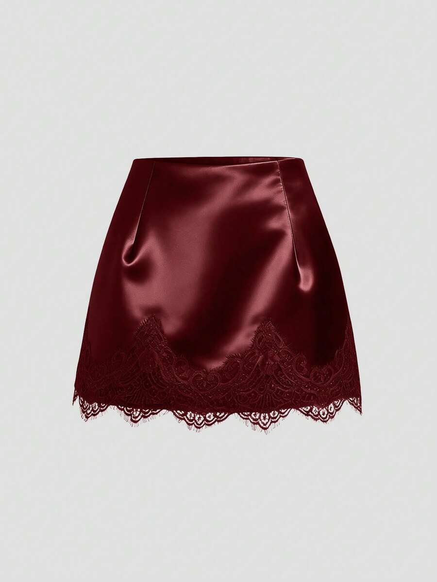 Sweetra Plus Size Women's Brown Satin Lace Patchwork Elegant Slimming Waist Fitted Mini Dress, Soft & Comfortable For Daily Wear, Date, Sexy Mini Skirt, Versatile Elegant Short Dress, Cooling Summer Mini Skirt - Burgundy - View 1