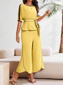 EMERY ROSE Elegant Women's Color Block Minimalist 2 Pieces Set For Daily Wear - Yellow - View 3