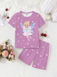 少女梦幻仙女星印花夜光可爱针织弹力面料舒适柔软圆领短袖短裤两件套睡衣 - 粉色 - 查看 6