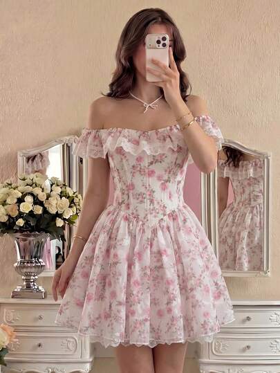 Glamine Charm Romantic Vacation Style Women's Dress, Chiffon Cutout Floral Print Peplum Hem Short Dress, Off-Shoulder Ruffle Trim  Ruffled Lace Trim Fairycore Dress Cottagecore Off-Shoulder Dress Off-The-Shoulder Neckline Ruffled Lace Trim Romantic Coquette Birthday Party Spring Picnic Garden Party Summer Cottagecore Pink Yisikado Dress Zanea Dress For Woman Tea Party Dress For Women Reception Dress For Women Elegant Dress