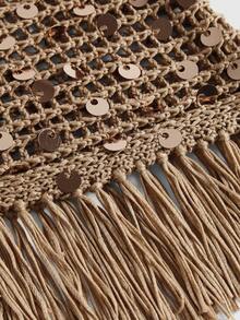 ROMWE Avant 亮片不对称流苏女士毛衣半身裙，侧边系带，性感钩针半身裙，适合海滩度假 - 卡其色 - 查看 3