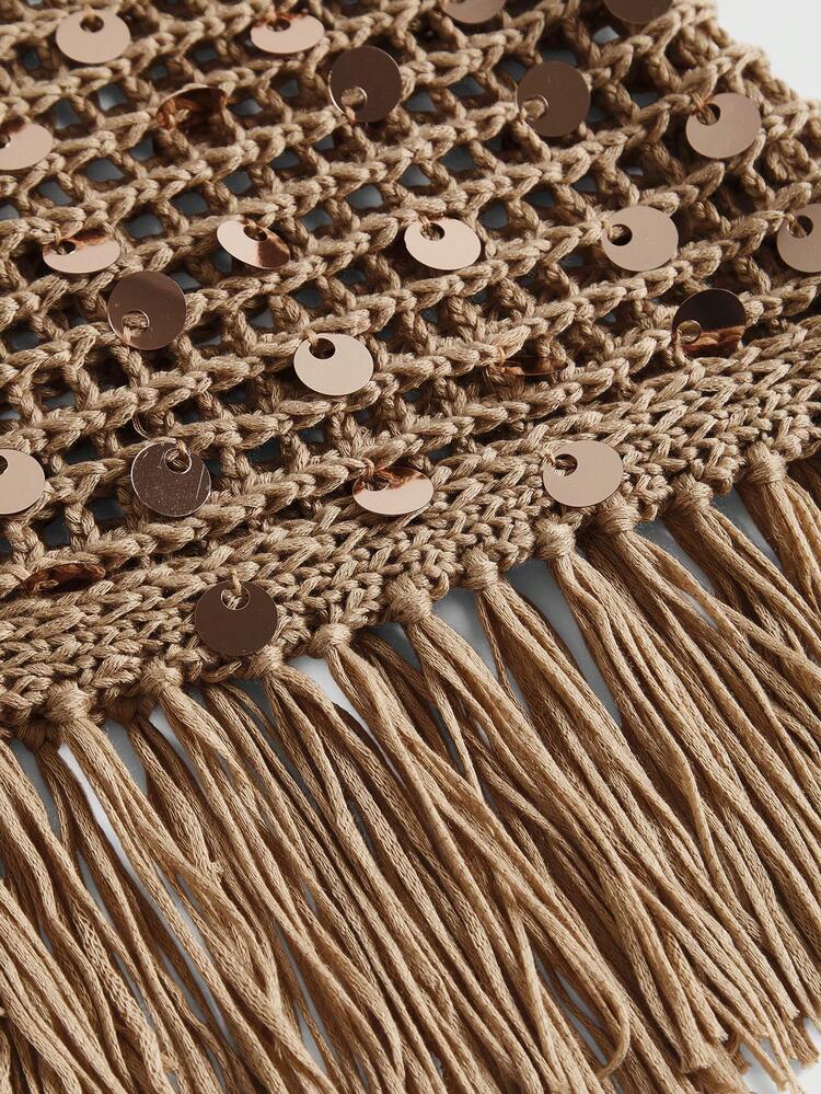 ROMWE Avant 亮片不对称流苏女士毛衣半身裙，侧边系带，性感钩针半身裙，适合海滩度假 - 卡其色 - 查看 3