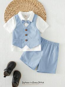 Cozy Pixies Bộ vest lịch lãm 3 món cho bé trai/bé gái: Áo sơ mi trắng tay ngắn, áo vest xanh lá cây và quần short/quần dài. Trang phục thanh lịch cho mùa xuân/hè, phù hợp cho tiệc sinh nhật, lễ rửa tội, sinh nhật lần thứ nhất, lễ kỷ niệm, đám cưới, v.v. - Màu xanh nhạt - Xem 9