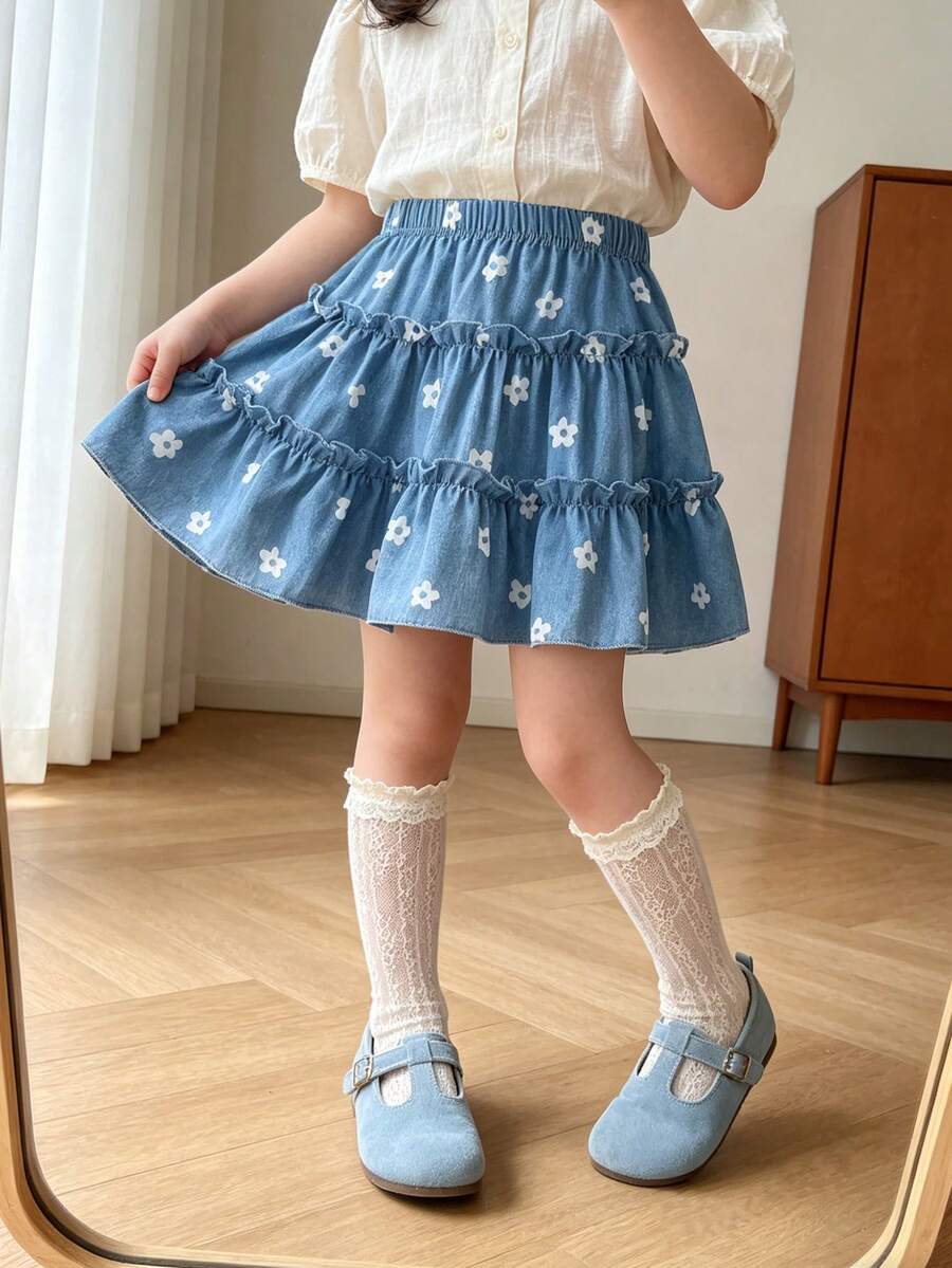 Vintaside Kids Young Girls' Classic Blue Floral Print Ruffled 3-Layer Casual Dress, Suitable For Daily, Party, Vacation, Countryside Style Fashion