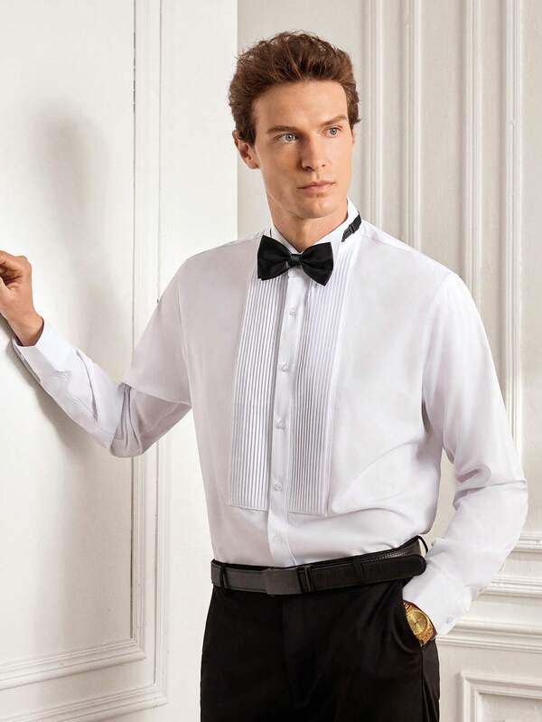 Officeau 1 pieza Camisa de esmoquin para hombre con cuello de alas, diseño de frente plisado, incluye corbata de moño negra gratis, camisa formal elegante clásica para bodas y fiestas