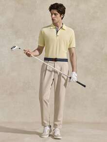 Courvante 男士字母刺繡領口 Polo 衫，條紋短袖黃色，適合工作、高爾夫、網球，極簡商務通勤與男友風 - 黃色 - 查看 4