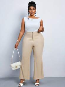 SHEIN PETITE CURVE Pantalones de pierna acampanada de cintura alta de unicolor para mujer de talla grande, versátiles para uso diario y trabajo - Albaricoque - Ver 6