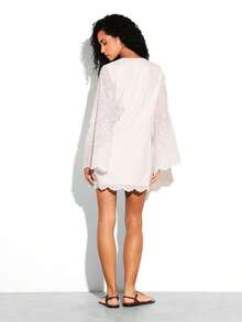 KSTM 白色镂空刺绣无袖深V领迷你连衣裙，适合夏季春季休闲海滩度假，展现女性波西米亚风情，扇形下摆，英式刺绣短裙 - 白色 - 查看 3