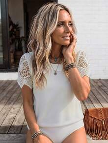 LanaWest Mono de punto con parches, cuello asimétrico, manga de encaje y estilo casual de vacaciones para mujer - Blanco - Ver 4