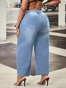 Slaydiva Plus Size Women Spring Blue Inelastic Distressed Straight Leg Jeans, Cowgirl - Light Wash - View 2