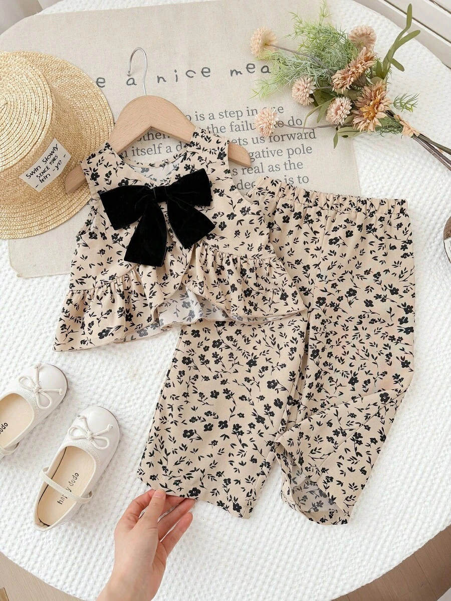 LMoss Kids 2件套女婴可爱印花蝴蝶结装饰吊带背心和松紧腰裤套装 - 藍色 - 查看 1