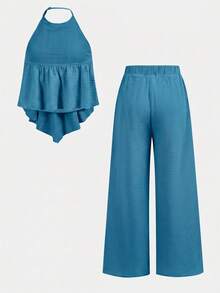 SHEIN 2pcs/Set Teen Girls Loose Halter Neck Tank Top + Long Pants Suit,Summer,Vacation,Holiday Fashionable Casual Versatile Outfit For Party,Sister Photo - Blue - View 2