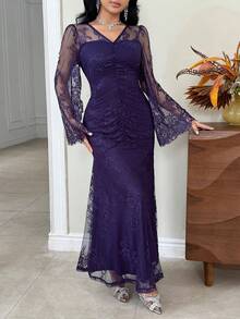 Modelyn Women's Solid Color V-Neck Lace Patchwork Fitted Elegant Long Sleeve Mini Dress - Purple - View 6