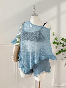 SHEIN EZwear Plus Size Women Casual Ruffled Hem Semi-Sheer Crochet Poncho Sweater, Suitable For Summer Outings And Dates - Blue - View 6