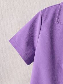 SHEIN Tween Boy Solid Color Short Sleeve Pocket Shirt And Shorts Casual Outfit - Purple - View 3