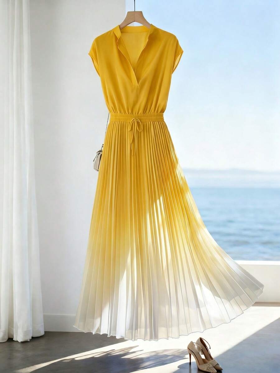 GlowEve 女士渐变褶裥A字连衣裙，收腰设计，优雅百搭，适合度假、通勤、情人节、约会等场合，法式复古风，适合早春/春夏，无袖，蓝白配色，新品上市，中长款 - 鵝黃色 - 查看 1