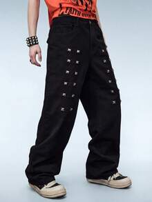 ROMWE MEN Street Life Calça jeans masculina com detalhes de rebites - Preto - Ver 9