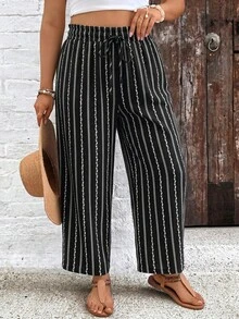 SHEIN VCAY Quần dài nữ cỡ lớn kiểu dáng thường ngày, họa tiết hoa và sọc retro, thích hợp cho mùa xuân và hè, màu đen. - màu đen - Xem 6