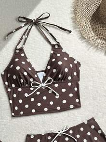 SHEIN Swim Mod 3pcs Polka Dot Contrast Color Print Ruffle Hem Halter Swimsuit Set, Spring/Summer - Multicolor - View 4