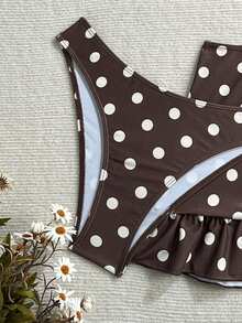 SHEIN Swim Mod 3pcs Polka Dot Contrast Color Print Ruffle Hem Halter Swimsuit Set, Spring/Summer - Multicolor - View 5