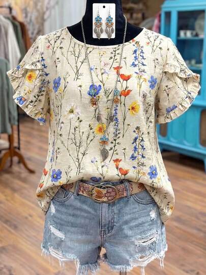 SHEIN LUNE CURVE Plus Size Women Summer New Arrival Colorful Print Casual Commute Vacation Style Frill Trim Short Sleeve Fashion Stylish Loose Flattering Regular Blouse