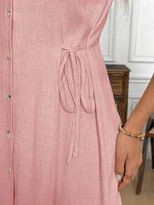 Vestido corto sin mangas con rayas y nudo delantero para mujer, adecuado para vacaciones de verano, ir al trabajo y uso diario - Rosa - Ver 6