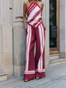 Nöista Co-Ord Halter Neckline With Red Trim And Diagonal Navy, White, And Gray Stripes On The Top. The Wide-Leg Pants Continue The Vertical Stripe Pattern. Set, Spring, Summer, Easter. - Pink - View 4