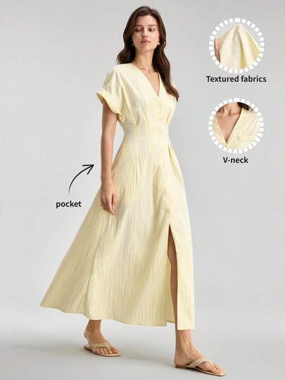 Ontre Camisa beige suave y cómoda para todo uso, con cuello vuelto, hombros caídos, manga corta, cintura ceñida, diseño de falda acampanada, estilo casual urbano moderno, estilo vintage discreto, atuendo de alta calidad para viajes y aeropuerto, suave y cómoda, versátil para todas las estaciones, vestido esencial para primavera/verano