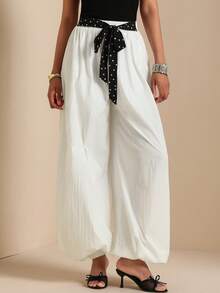 Vesra Pantalones holgados de mujer con cintura con cordón y estampado de lunares texturizados - Blanco - Ver 4