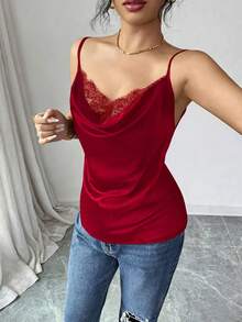 SXRafferiza Camiseta de satén con encaje elegante para mujer en negro - azul real - Ver 9