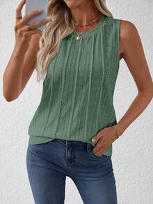Áo tank top nữ cổ tròn không tay, chất liệu vải dệt họa tiết, thích hợp mặc mùa xuân/hè. - Màu xanh Ô liu - Xem 7