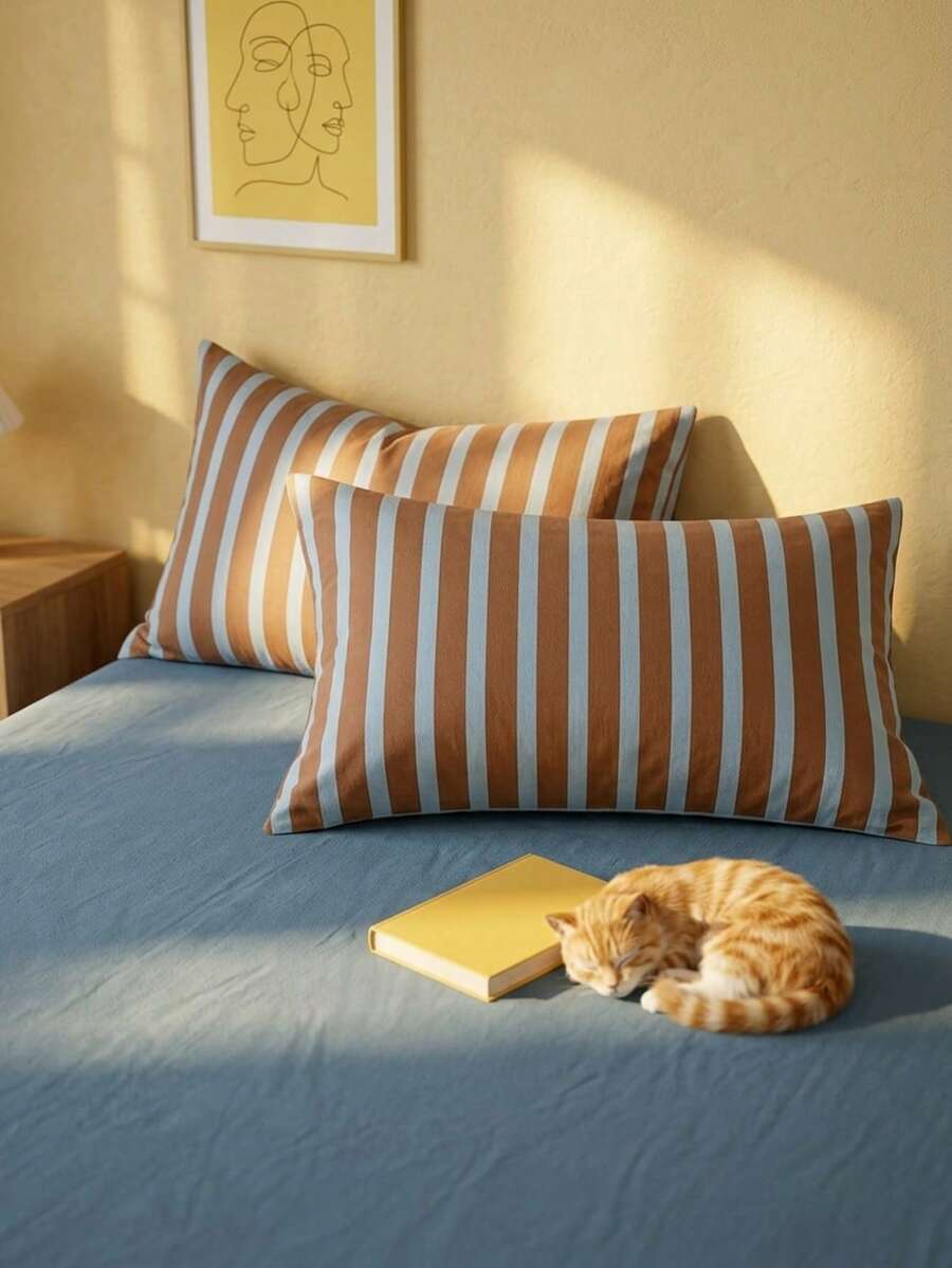 Joivida 1pc 100% Cotton Striped Pillowcase – Envelope Closure Soft Breathable Bed Pillow Cover, Simple Dorm & Bedroom Decor, Machine Washable - Multicolor - View 1