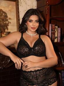 Divavoom Plus Size Lace Contrast Mesh Underwire Sexy Bra - Black - View 6