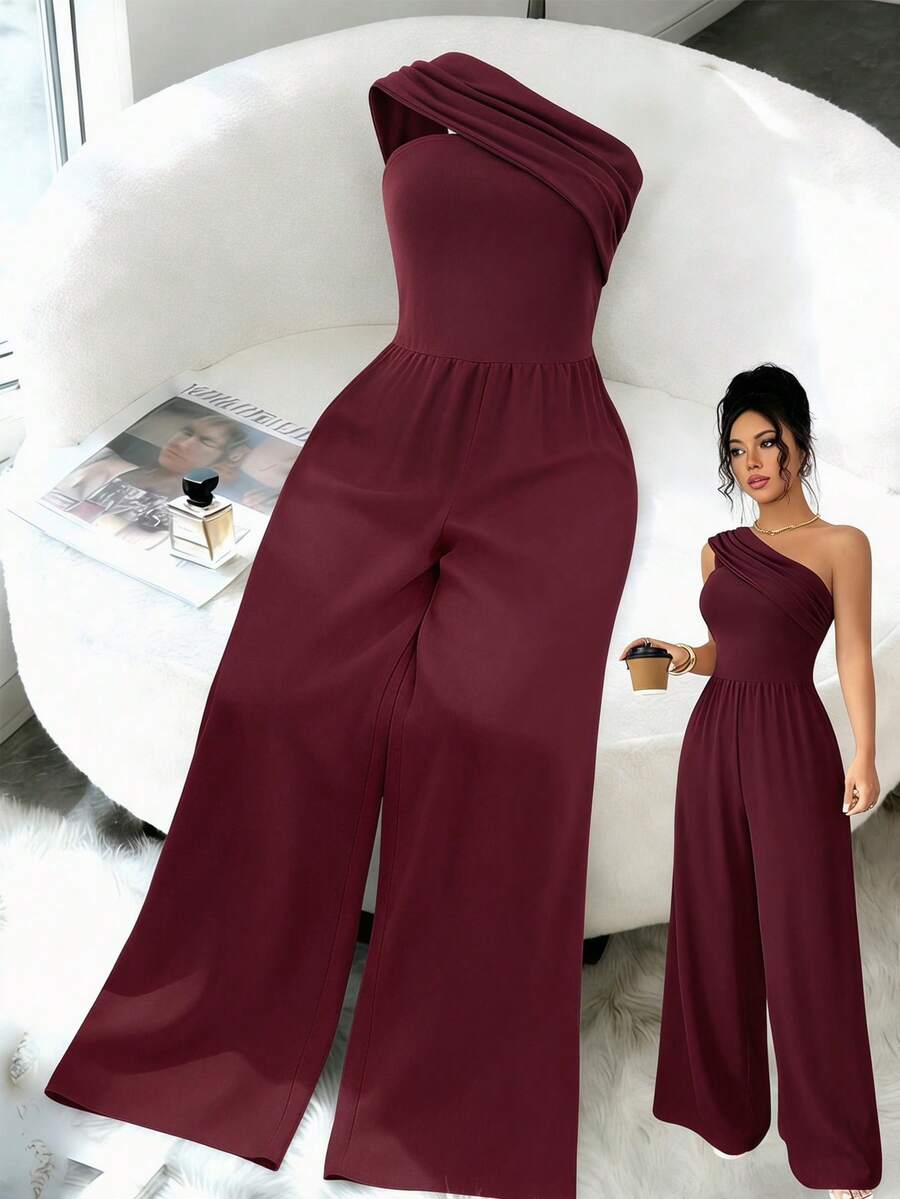 Bộ jumpsuit dệt kim trễ vai kiểu Pháp thanh lịch dành cho nữ tuổi teen, phù hợp cho các bữa tiệc và dịp trang trọng, váy ngắn. - Màu Đỏ Sâu - Xem 1
