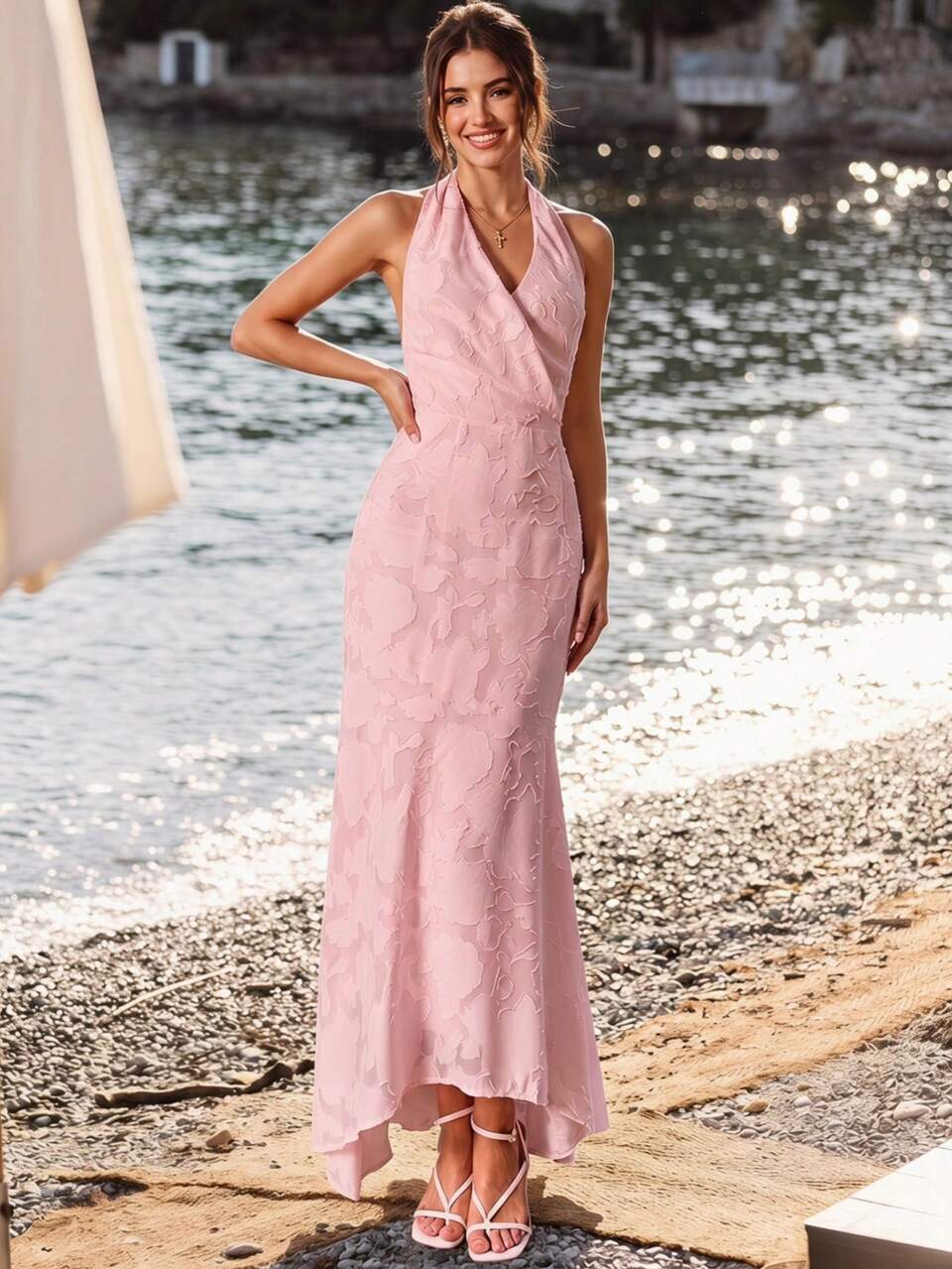 Enchnt Women's Pink Jacquard Backless Maxi Dress,Summer Hot Pink Sweet&Elegant Dresses For Wedding,Vacation,Party,Date,Easter&Bridal Shower
