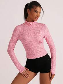 Dewbera Women's Leopard Print Zip Front Sports Jacket - Pink - View 3