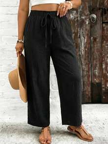 SHEIN VCAY Plus Size Women Solid Color Drawstring Waist Casual Versatile Daily Wear Pants Cotton Pants Women Linen Pants Women High Waist Loose Pants For Women Casual Pants For Women Wide Leg Pants Women - Black - View 5