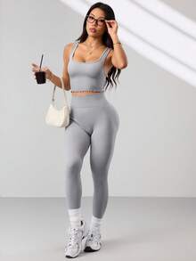 SHEIN Sports Women's Yoga Sports Top And Pants Set; Ribbed Floral Lace Trim Short Knit Tank Top; Comfortable Outer Wear Running Fitness Tank Top - Grey - View 1