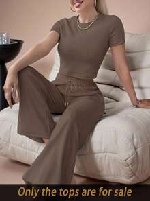 Lazeform Camiseta corta de unicolor básica para mujer, nueva prenda casual de primavera/verano - Marrón Chocolate - Ver 1