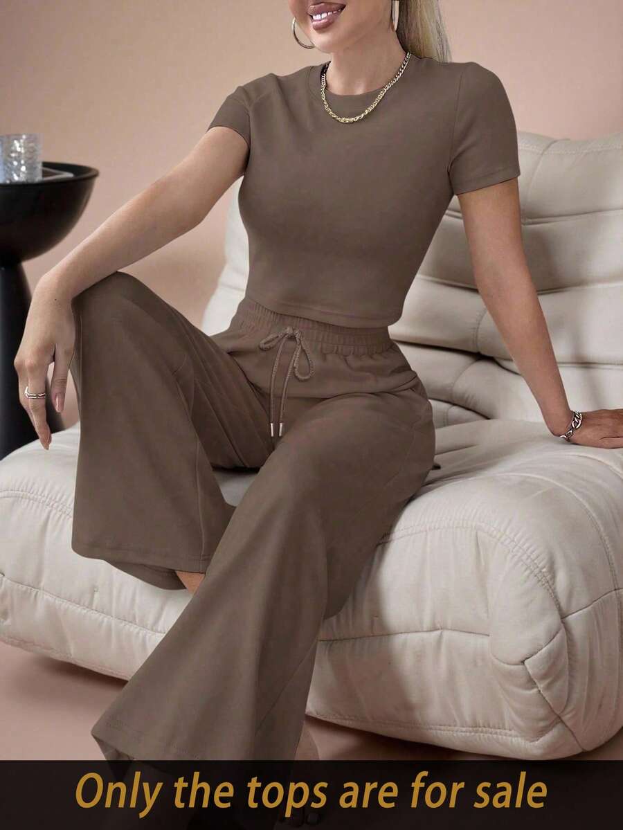 Lazeform Camiseta corta de unicolor básica para mujer, nueva prenda casual de primavera/verano - Marrón Chocolate - Ver 1