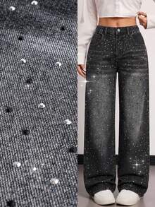 Girls' Loose Fit Washed Denim Jeans, Soft Cotton, Casual, Fashionable, Versatile, Daily Wear, Relaxed Waist With Elastic, Star Embellishments, Suitable For Casual, Vacation, Daily - Black - View 1